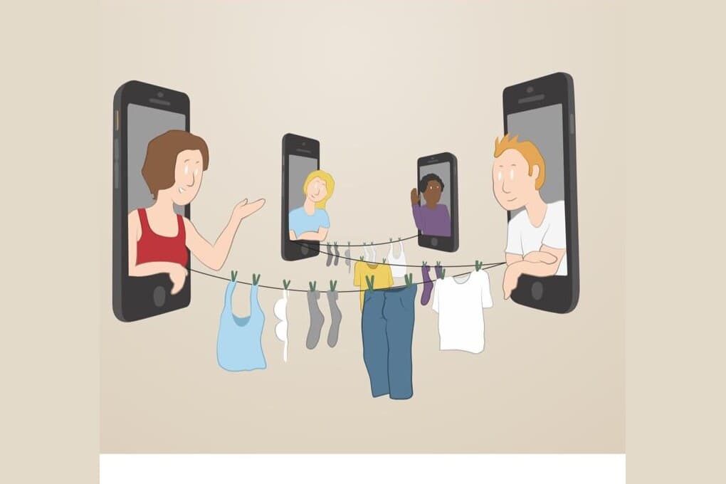 Illustration: vier Menschen im Dialog über ihre Smartphones — gemeinsam Lösungen finden