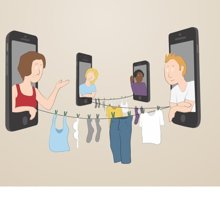 Illustration: vier Menschen im Dialog über ihre Smartphones — gemeinsam Lösungen finden
